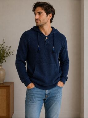 Fat Face Mens Navy Waffle knit Relaxed Fit Hoodie One Button Sz L